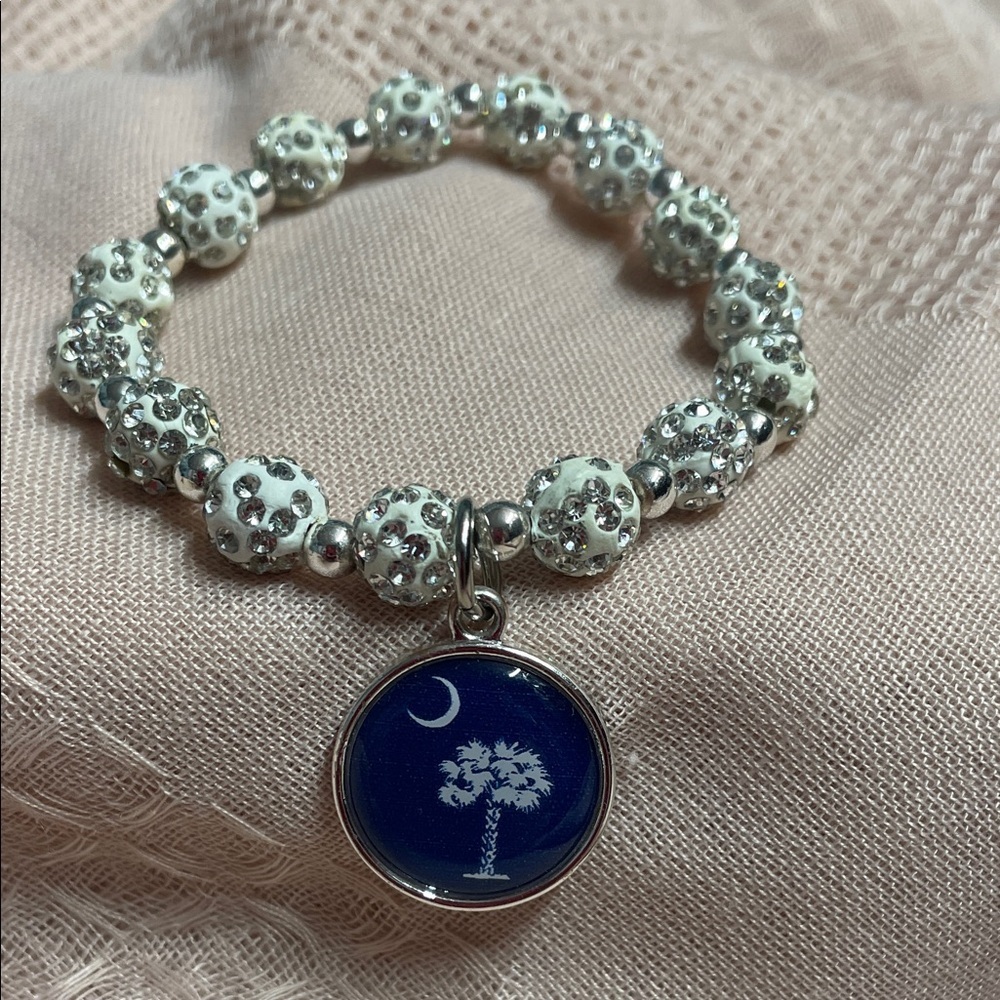 Sparkling Silver and White Beaded Bracelet with Charm